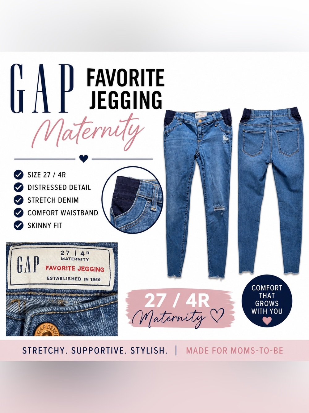 GAP Favorite Maternity Jeggings Size 27/4R Distressed Skinny Stretch Medium Wash
